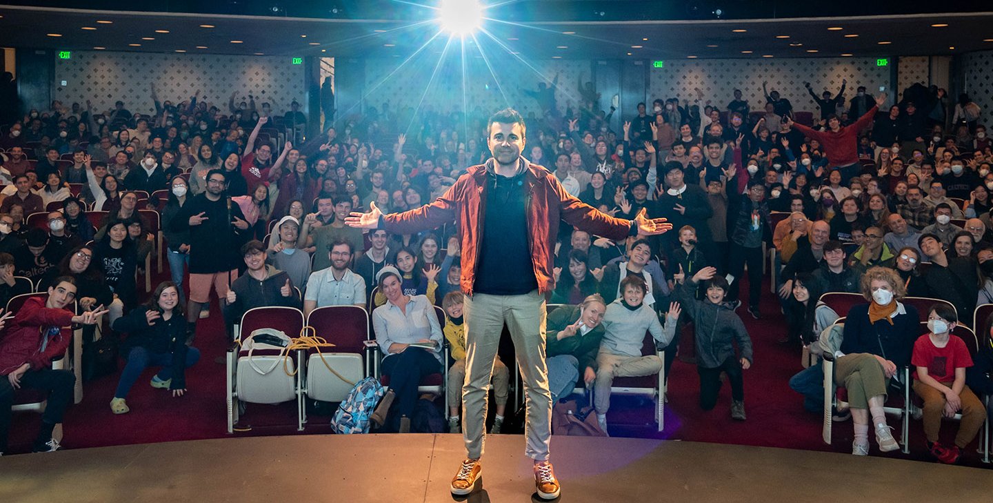 Mark Rober in Beckman Auditorium at Caltech