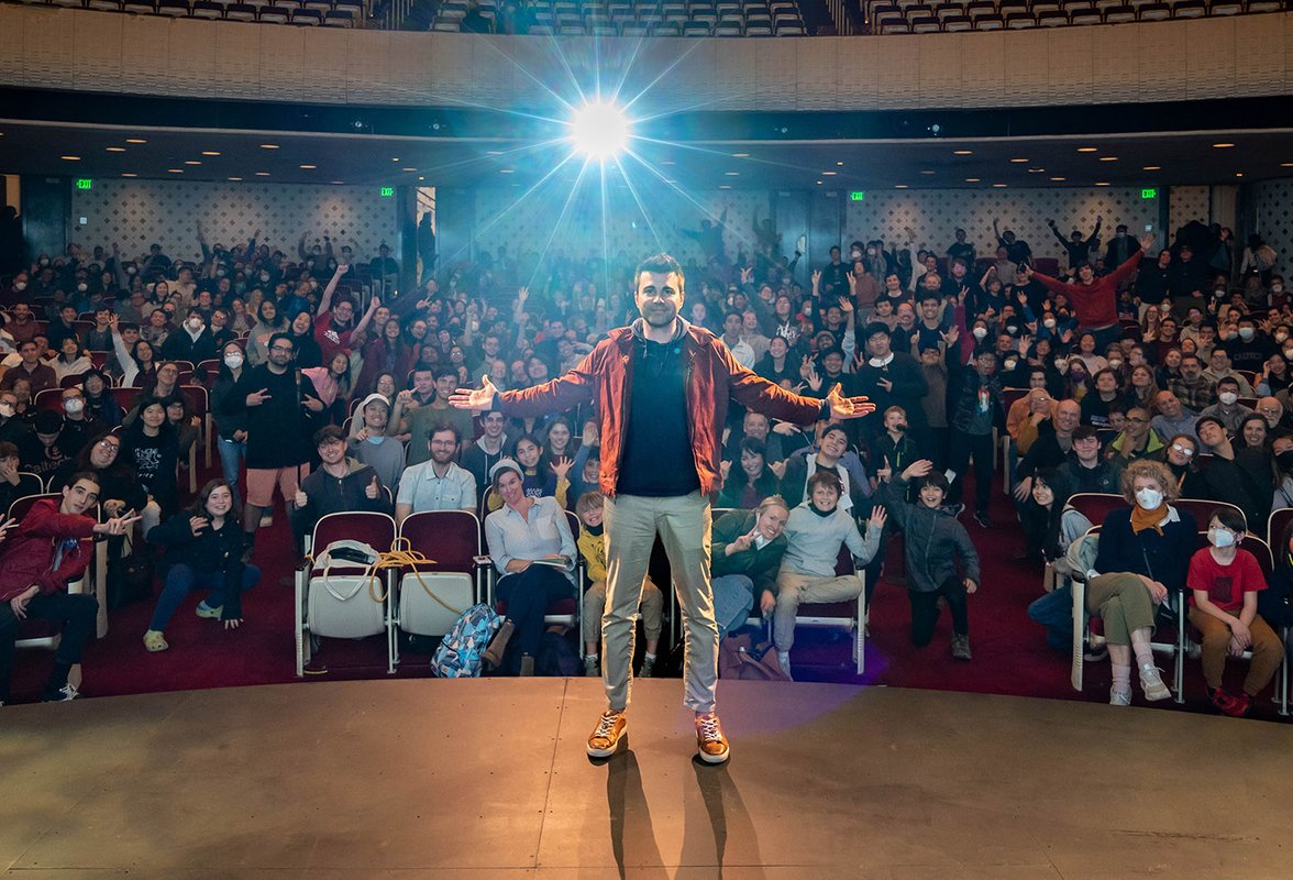 Mark Rober in Beckman Auditorium at Caltech