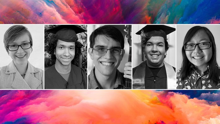 A composite image showing black-and-white portraits of the five graduating Mellon Mays Fellow. In the background is an abstract colorful texture.