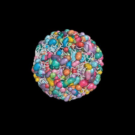 Colorful blobs wrapped in tangled strings of DNA