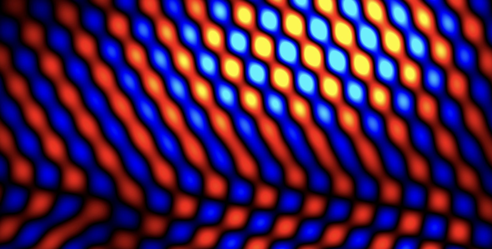 A series of alternating red and blue diagonal bulbous beams with black filling in the gaps. The upper bulbs or cells appear to be illuminated.