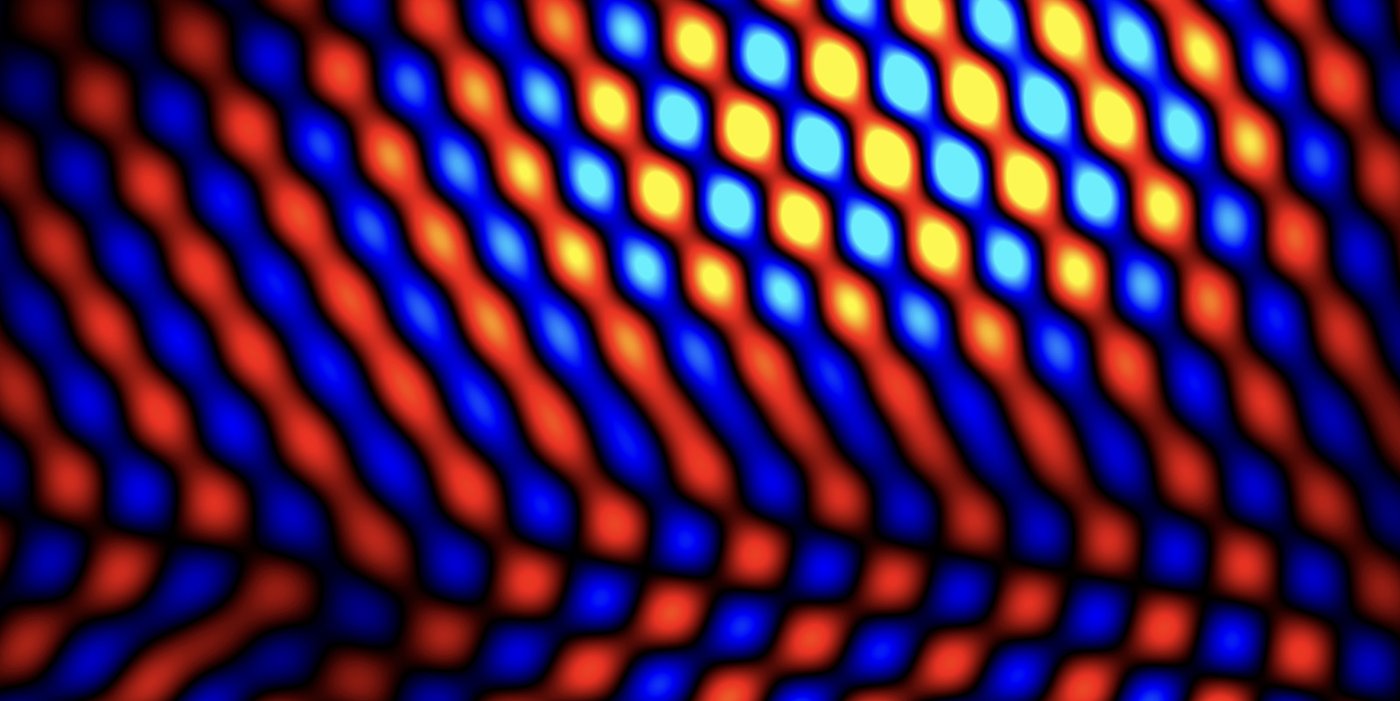 A series of alternating red and blue diagonal bulbous beams with black filling in the gaps. The upper bulbs or cells appear to be illuminated.
