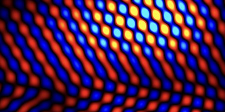 A series of alternating red and blue diagonal bulbous beams with black filling in the gaps. The upper bulbs or cells appear to be illuminated.