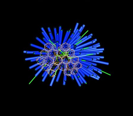 A rendered image of the porcupine-like array of phage tail-like contractile structures in P. luteoviolacea bacteria.