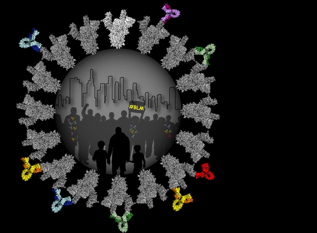 Illustration of protest marchers encircled by an illustration of coronavirus spikes