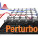An artist's rendering of the Perturbo logo with an atomic lattice and computer code in the background.