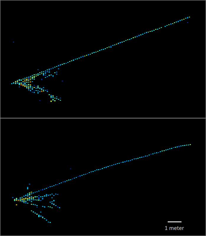 Computer readouts that look like left-facing chevrons of bright pixels.