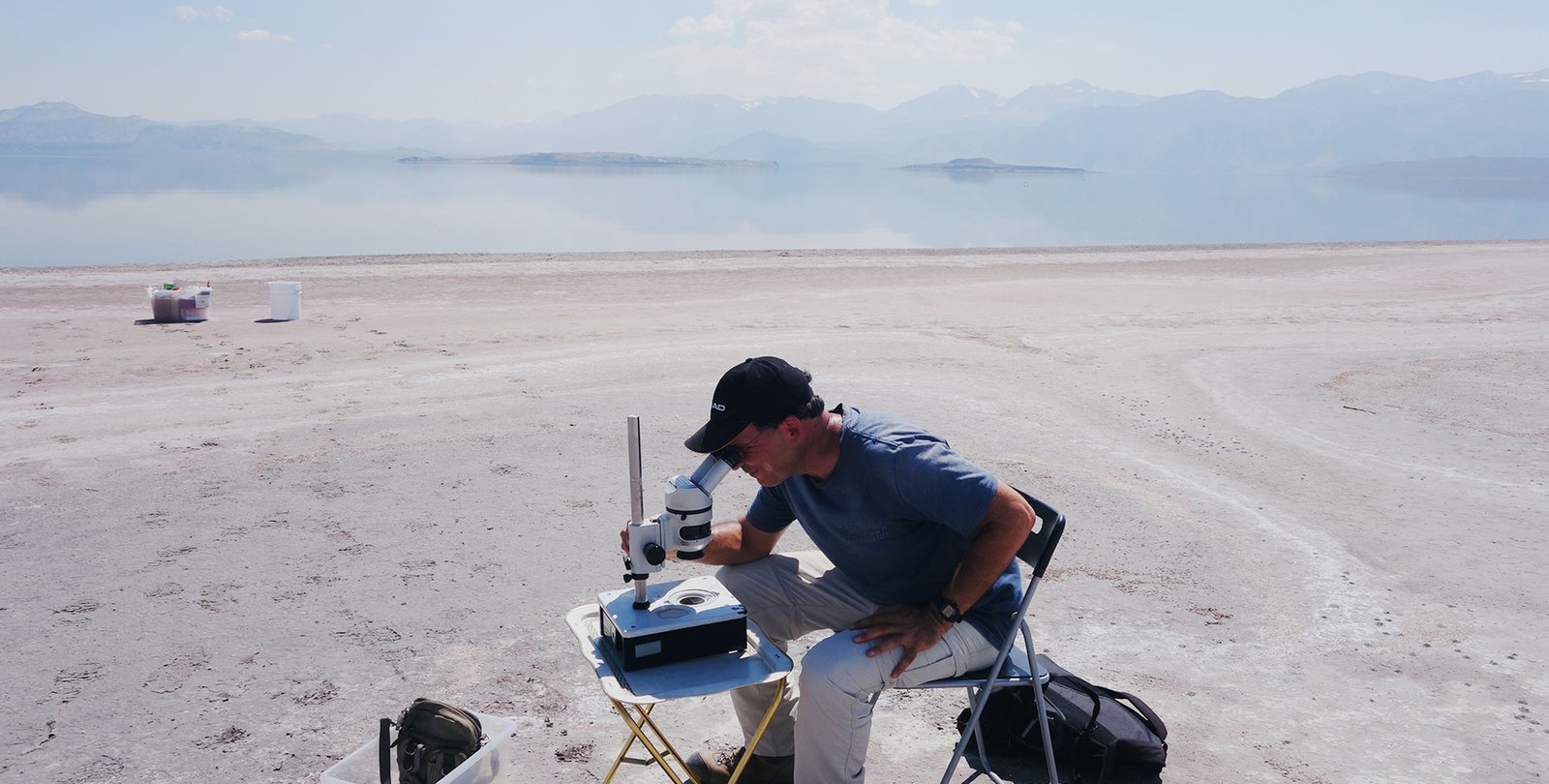 Researchers examine nematodes by Mono Lake in the Eastern Sierras of California.