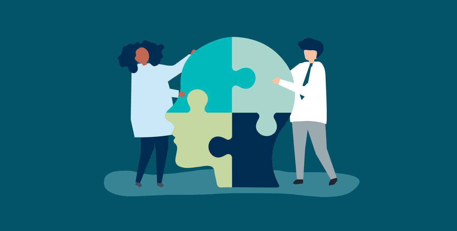 Artwork of people looking at a brain puzzle