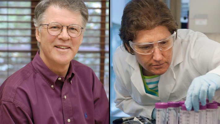 Two side-by-side portraits, showing Peter Dervan and Julia Kornfield.