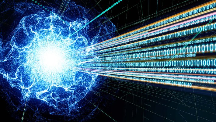 An artist's concept of quantum computing. A string of ones and zeroes is emitted from a blue blob of plasma.