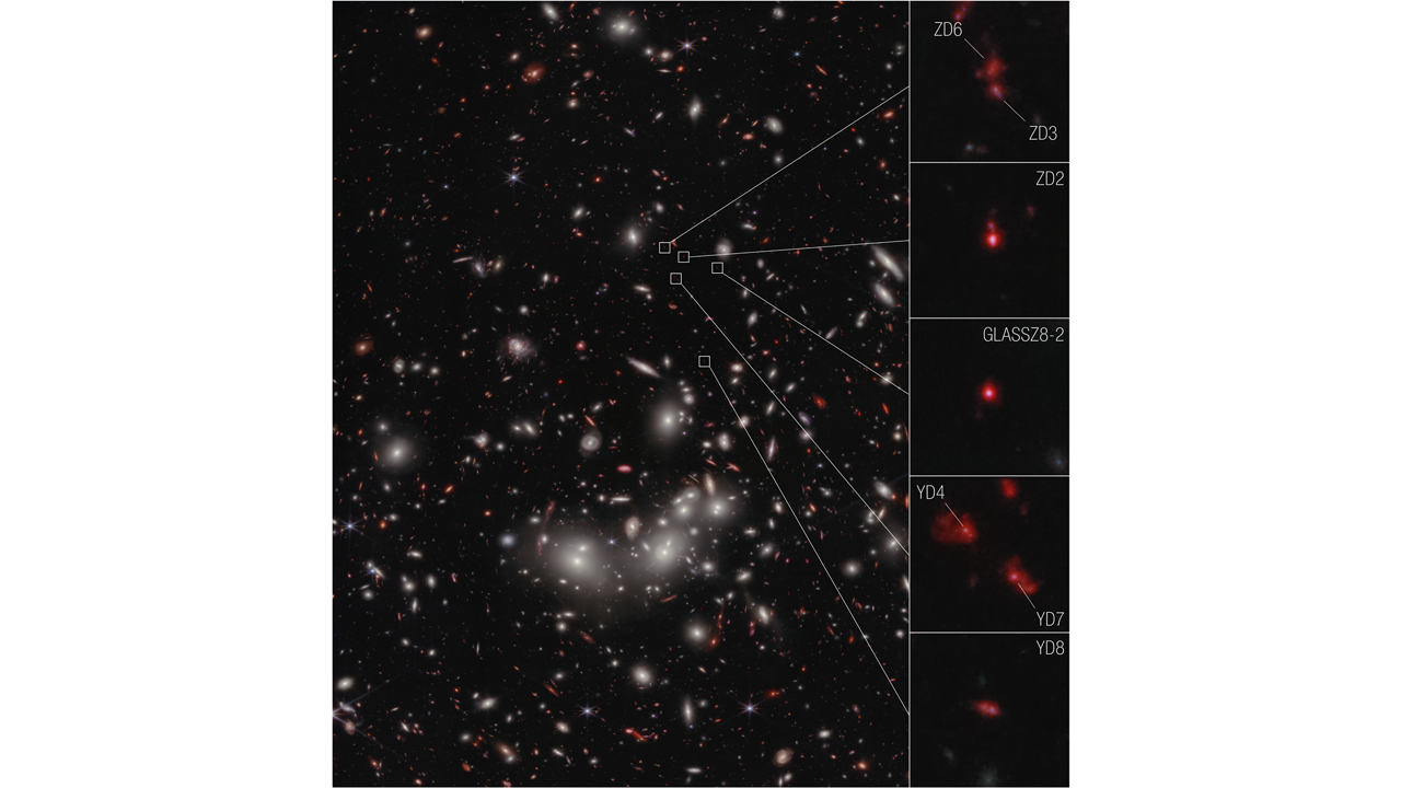 Zoomed in boxes on seven distant galaxy shapes