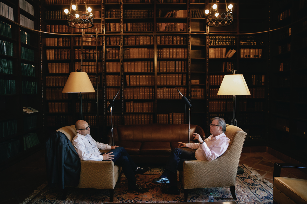 Left, Sarkis Mazmanian, Luis B. and Nelly Soux Professor of Microbiology and Heritage Medical Research Institute Investigator, chats with Caltech alumnus Richmond (Rich) Wolf (MS '94, PhD '97) .