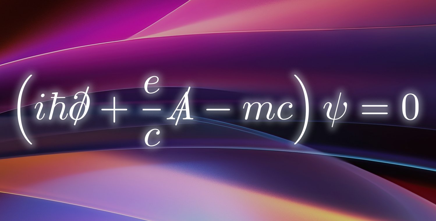 The text of the Dirac equation appears on a colorful background.
