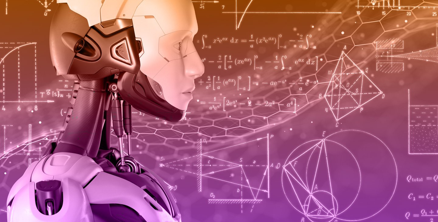 Artwork of a robot in front of math formulas.