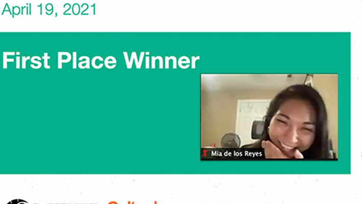 Picture of a powerpoint slide on the left of the image, which reads: 3 Minute Thesis First Place, with a thumbnail image of a female student with black hair on the right.
