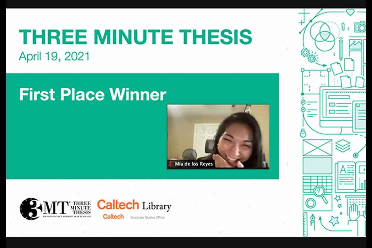 Picture of a powerpoint slide on the left of the image, which reads: 3 Minute Thesis First Place, with a thumbnail image of a female student with black hair on the right.