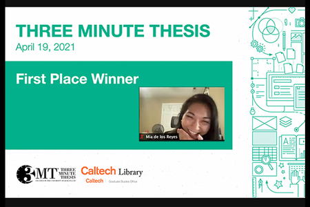 Picture of a powerpoint slide on the left of the image, which reads: 3 Minute Thesis First Place, with a thumbnail image of a female student with black hair on the right.