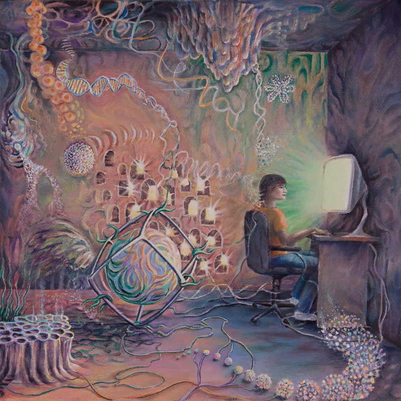 A man at a computer. Artistic biological objects flow from it.