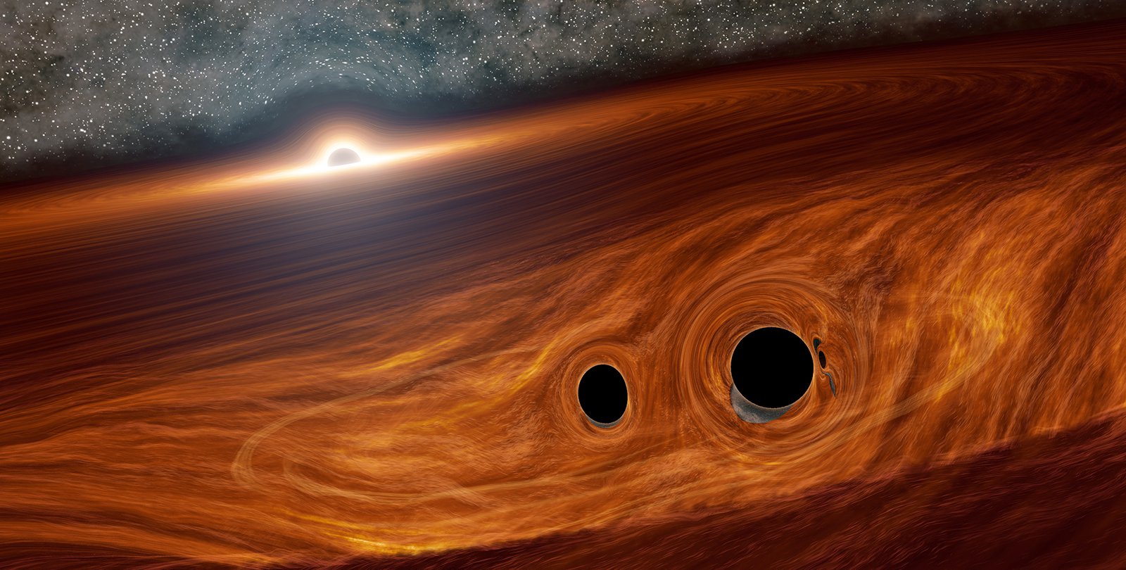 Artist's concept of a supermassive black hole, with a binary pair of black holes in its disk.