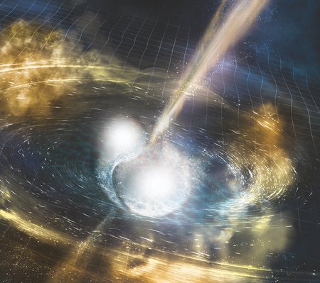 Artist's concept of two neutron stars colliding. 