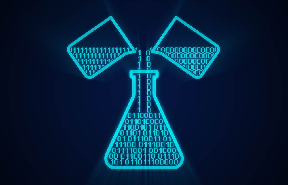 An artist's representation of computational chemistry. Two beakers pour zeros and ones into a beaker.