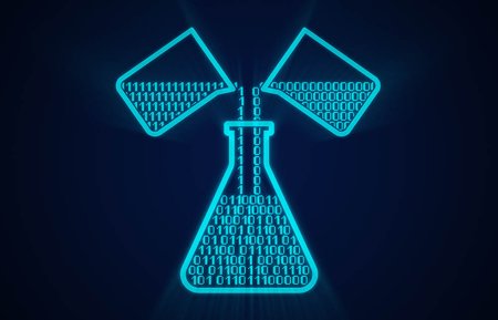 An artist's representation of computational chemistry. Two beakers pour zeros and ones into a beaker.