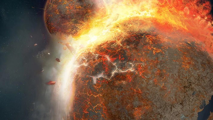 Illustration of a small planet crashing into Earth