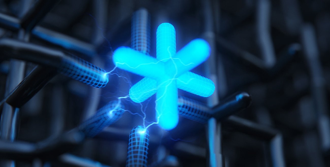 An artist's concept of termite-inspired nanoarchitecture. A grid of identical black structures is in the background. Another structure identical to the the ones in the background is in the foreground, glowing, with electricity coming off of it.