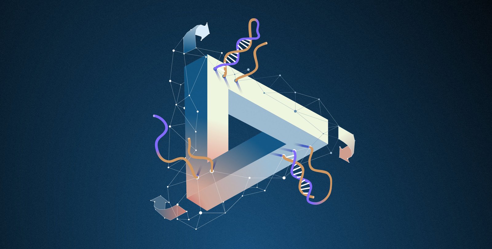 A triangle shape similar to a recycling symbol with DNA strands in various states of binding on its sides