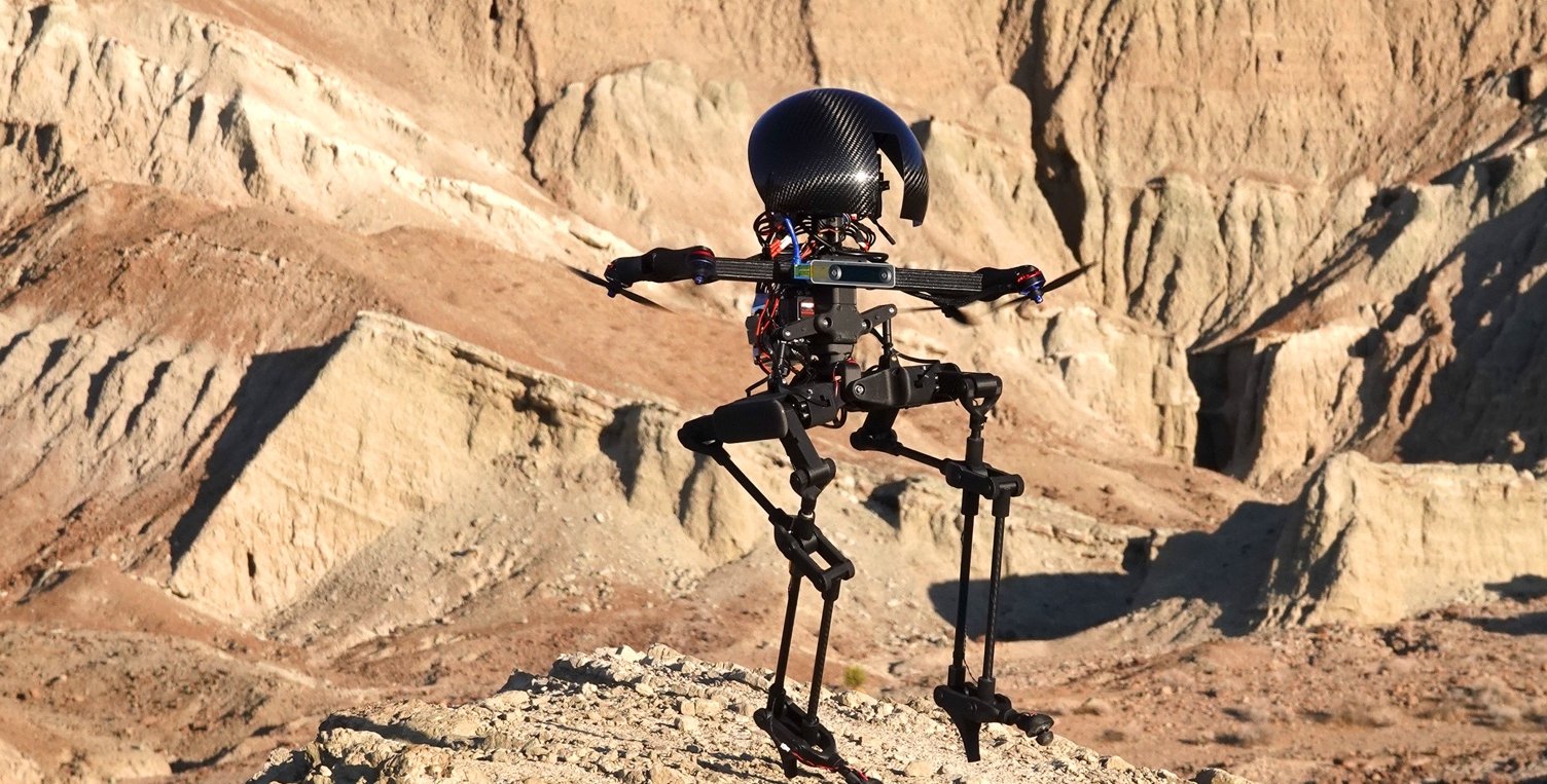 A black robot with a big, shiny head and spindly legs, flies over a rocky desert landscape with jagged hills in the background.