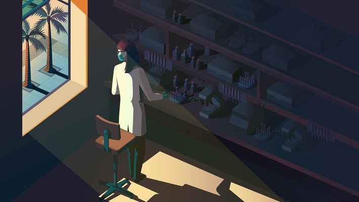 graphic of researcher in lab with mask on