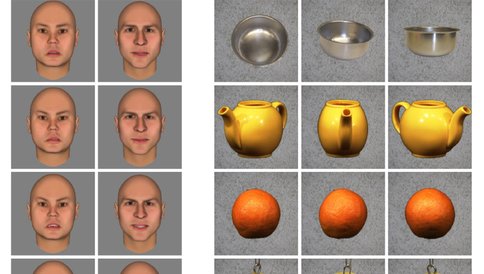Images of mens faces, and images of clocks, teapots, and oranges.