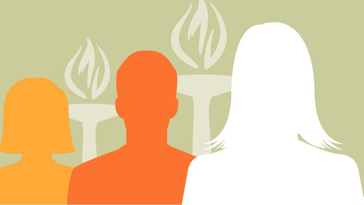 graphic of three human silhouettes and two torches