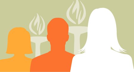 graphic of three human silhouettes and two torches