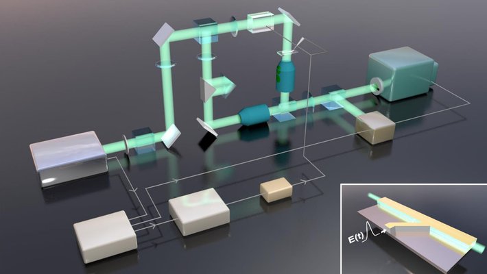 A computer rendering of the diff-CUP apparatus. Beams of light bounce off mirors at various angles and pass through lenses and other optical devices