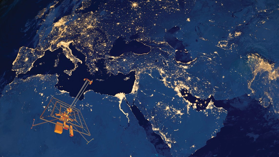Illustration of the Earth at night with the SSPP demonstrator spacecraft