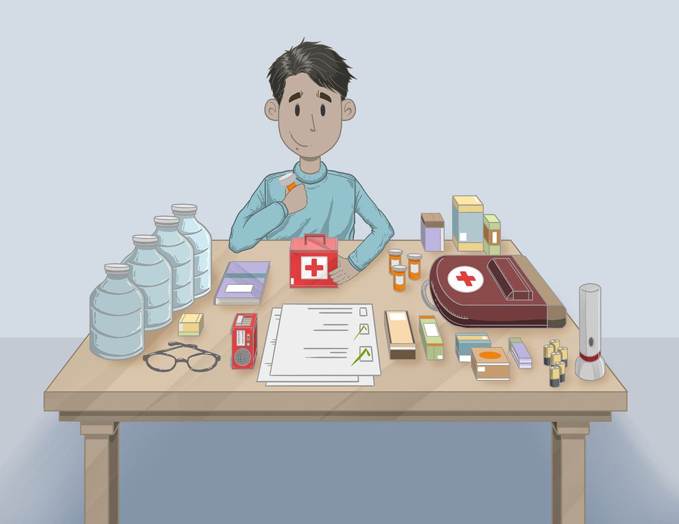 A person gathers supplies to build an earthquake emergency kit.