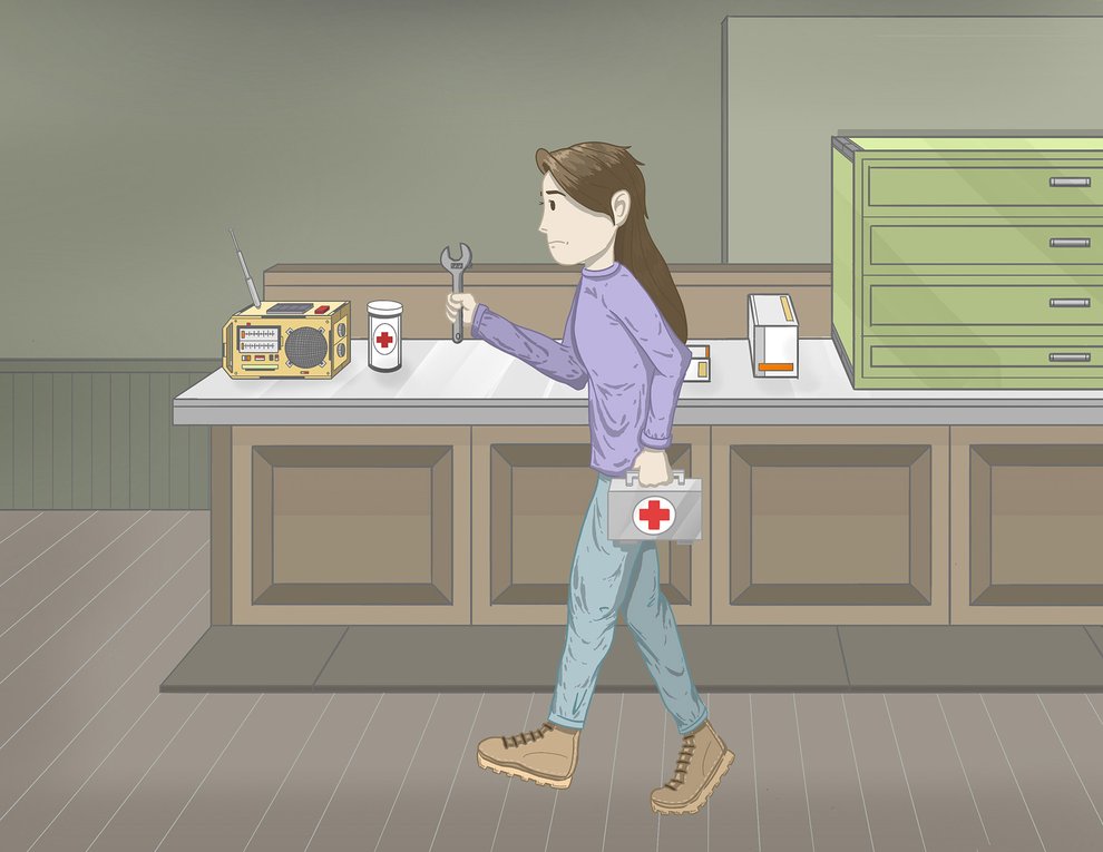 A person shown gathering tools and a first aid kit as they prepare to go and check for damage and injuries as they listen to an emergency broadcast on the radio.