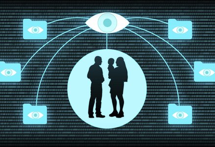 Illustration featuring silhouette of a family in the middle with an eyeball and file folders with eyeballs, binary code in the background