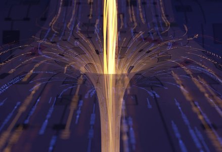 data and light streaming into a hole opening up in a plane