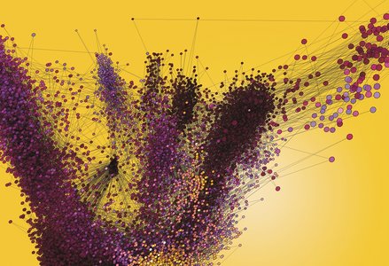 Yellow background, thousands of purple and orange dots connected via lines