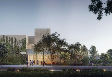 Architectural rendering of glass building on Caltech campus