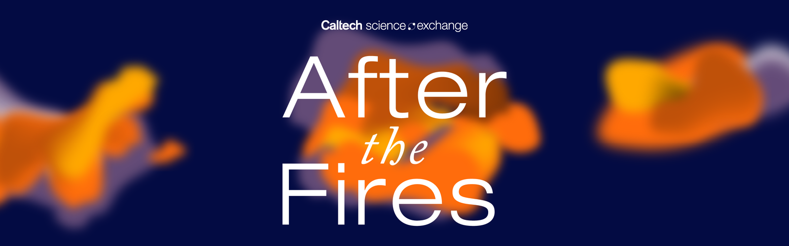 Website hero image with 'After the Fires' in large white text, abstract fire-like shapes in the background, and the Caltech Science Exchange logo at the top.