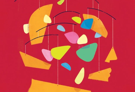 Abstract art of a human profile made of colorful fragments connected by thin lines, symbolizing the complexity and movement of consciousness against a red background.