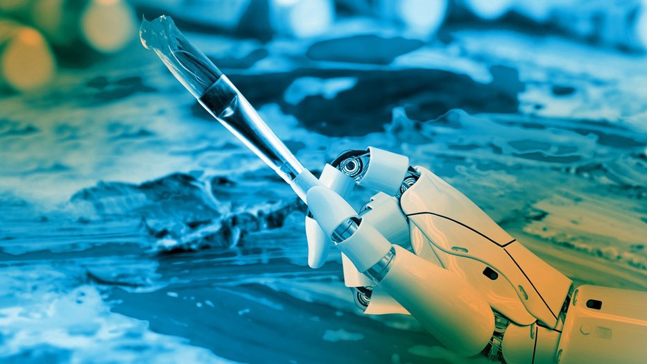 blue and yellow filtered image of a robot hand using a paintbrush