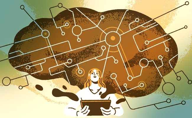 A stylized illustration of a researcher holding a tablet, with a large abstract brain diagram above them. The brain is connected with network-like lines and circles, symbolizing neural pathways or data connections, in shades of teal and orange..