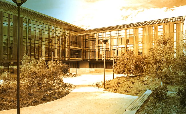 The Tianqiao and Chrissy Chen Neuroscience Research building at Caltech surrounded by trees and landscaped pathways. A duotone filter, blending teal and orange, adds warmth and contrast to the architecture and outdoor elements.