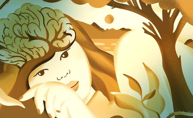 Conceptual illustration of a person with hair blending into a stylized brain, surrounded by tree and mountains, symbolizing the connection between consciousness, nature, and the mind. Features a teal and orange gradient filter.