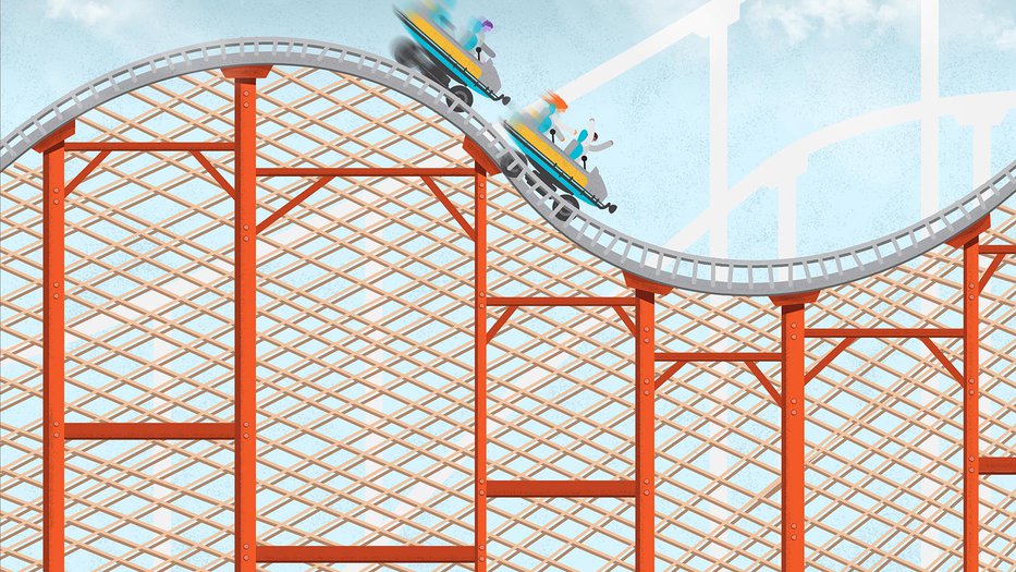 Illustration of people riding on a roller coaster with a motion blur.